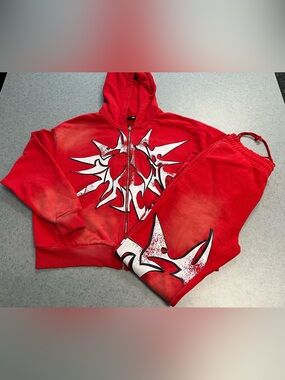 AKS Red 100% Cotton Distressed Streetwear Hoodie & Sweatpants Set—Size Medium